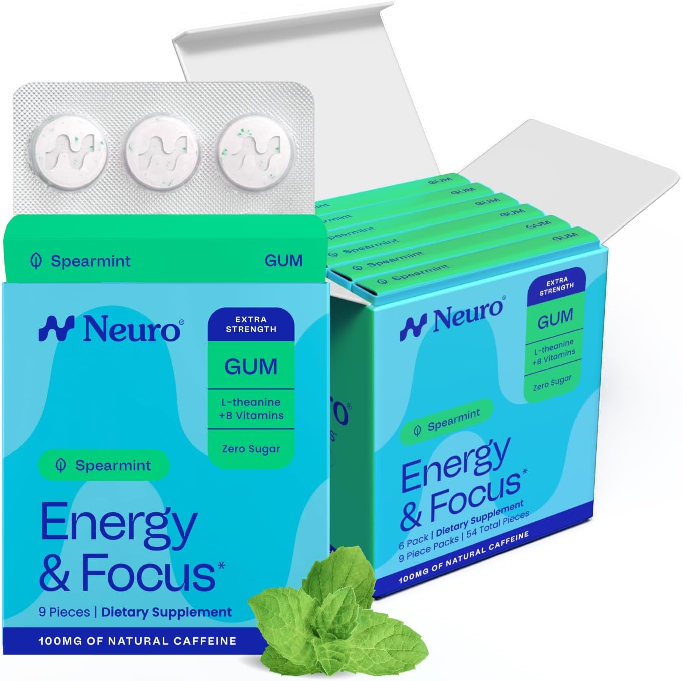 Neuro Energy & Focus Gum, Extra Strength - 100mg Natural Caffeine Gum & Nootropic Energy Supplement with L-Theanine & B Vitamins - Sugar Free, Vegan - Spearmint, 54ct