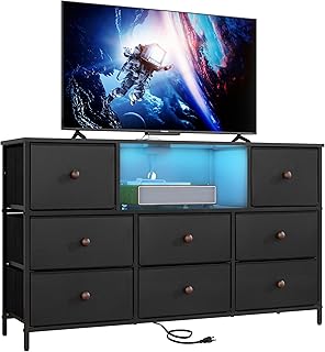 LYNCOHOME Black Dresser with Power Outlets and LED Lights, 43" W Dresser TV Stand with 8 Drawers, Fabric Chest of Drawers for Bedroom, Living Room, Entryway