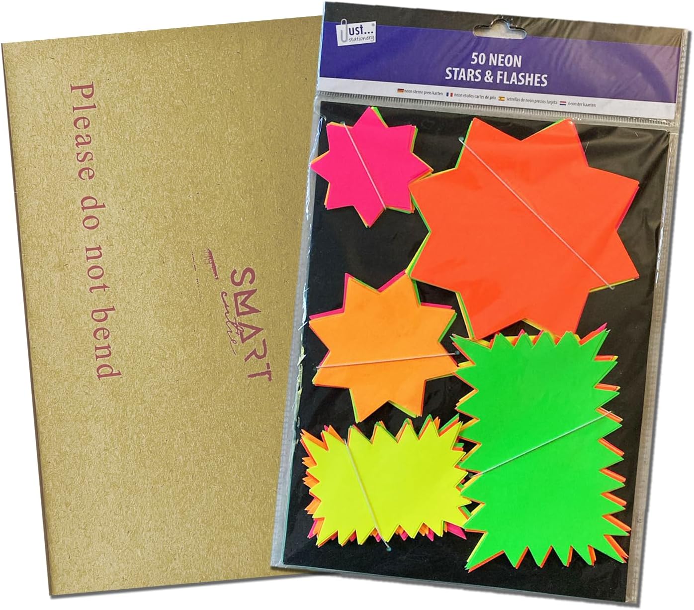 50x High Visibility Neon Fluorescent Stars and Flashes | School Display Market Stalls | and Large Storage Envelope – Bundled by Smart Cutie