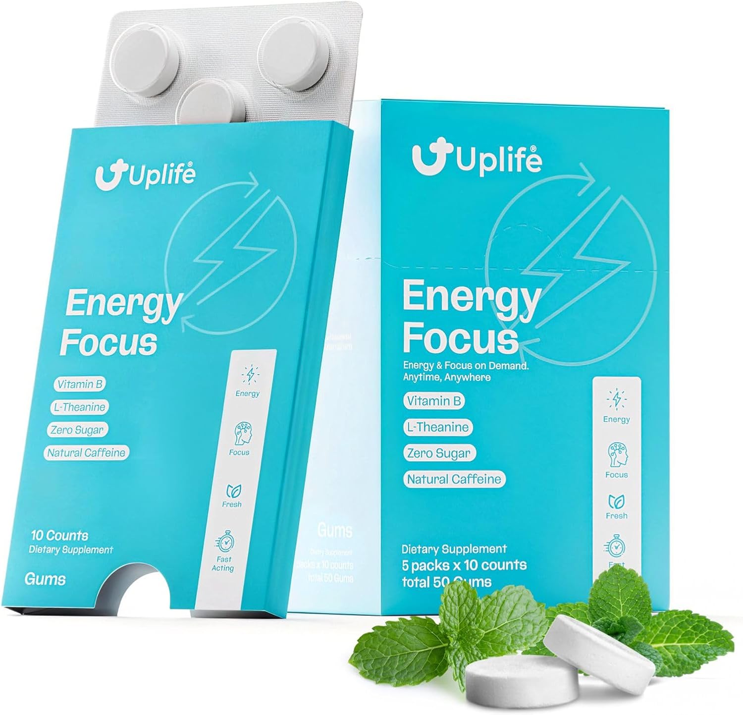 UPLIFE Focus and Energy Gum 50 Pcs – Made in USA - 40mg Natural Caffeine + 80mg L-Theanine + Niacin Vitamin B3 & B12 – Sugar-Free, Vegan – Natural Caffeine Gum Coffee Alternative - Peppermint Flavor