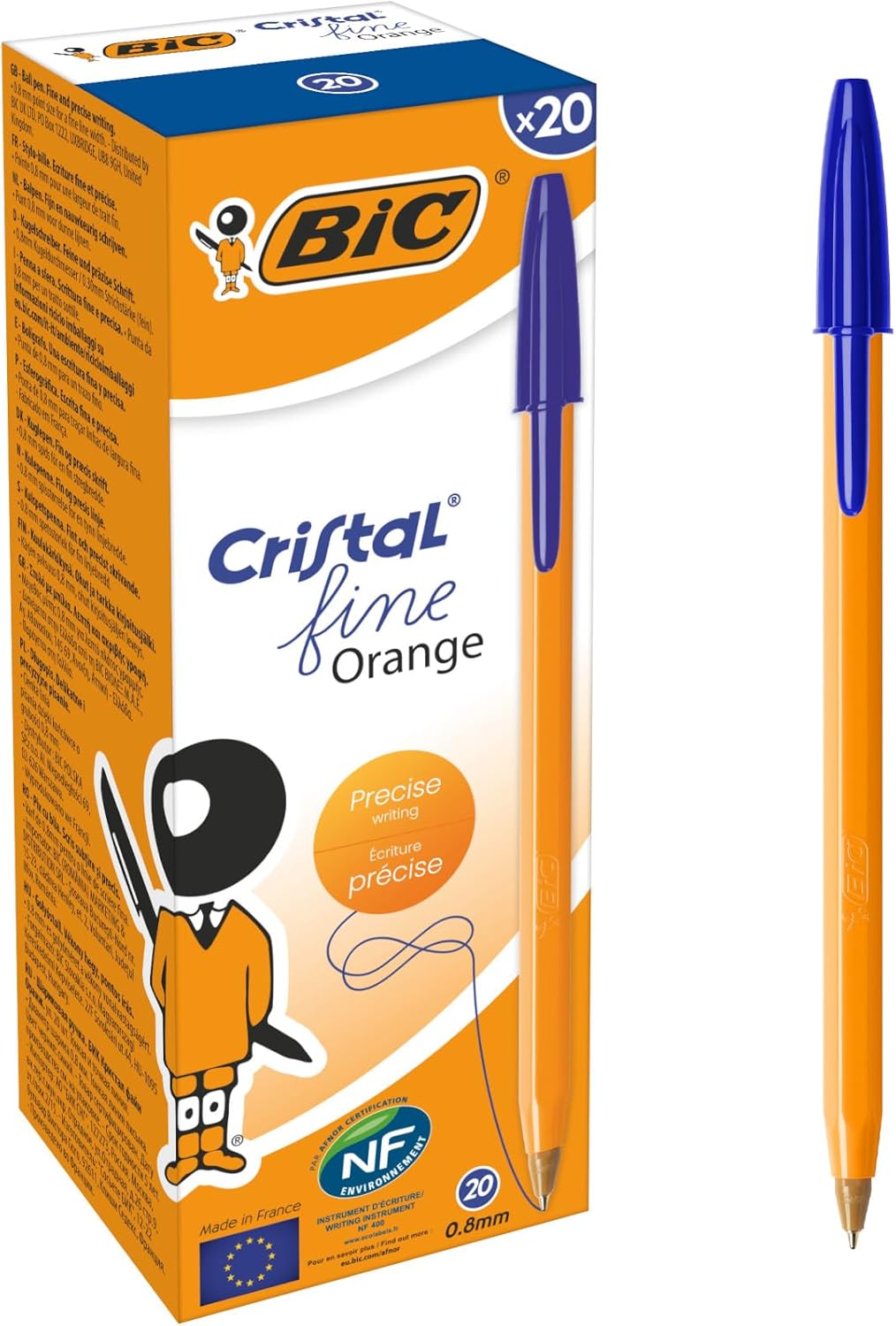 BIC Orange Original Fine Ballpoint Pens, Writing Pens with Long-Lasting Ink, Fine Point (0.8mm) Blue, Pack of 20