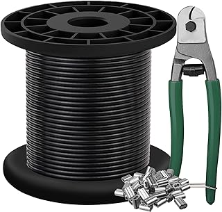 Wire Rope 304 Stainless Steel Wire Cable with Cable Cutter, Black Vinyl Coated, 1/16 Inch OD to 3/32 Inch 100FT with 30Pcs Crimping Sleeves, Outdoor Light Guide Wire, Suitable for Clotheslines