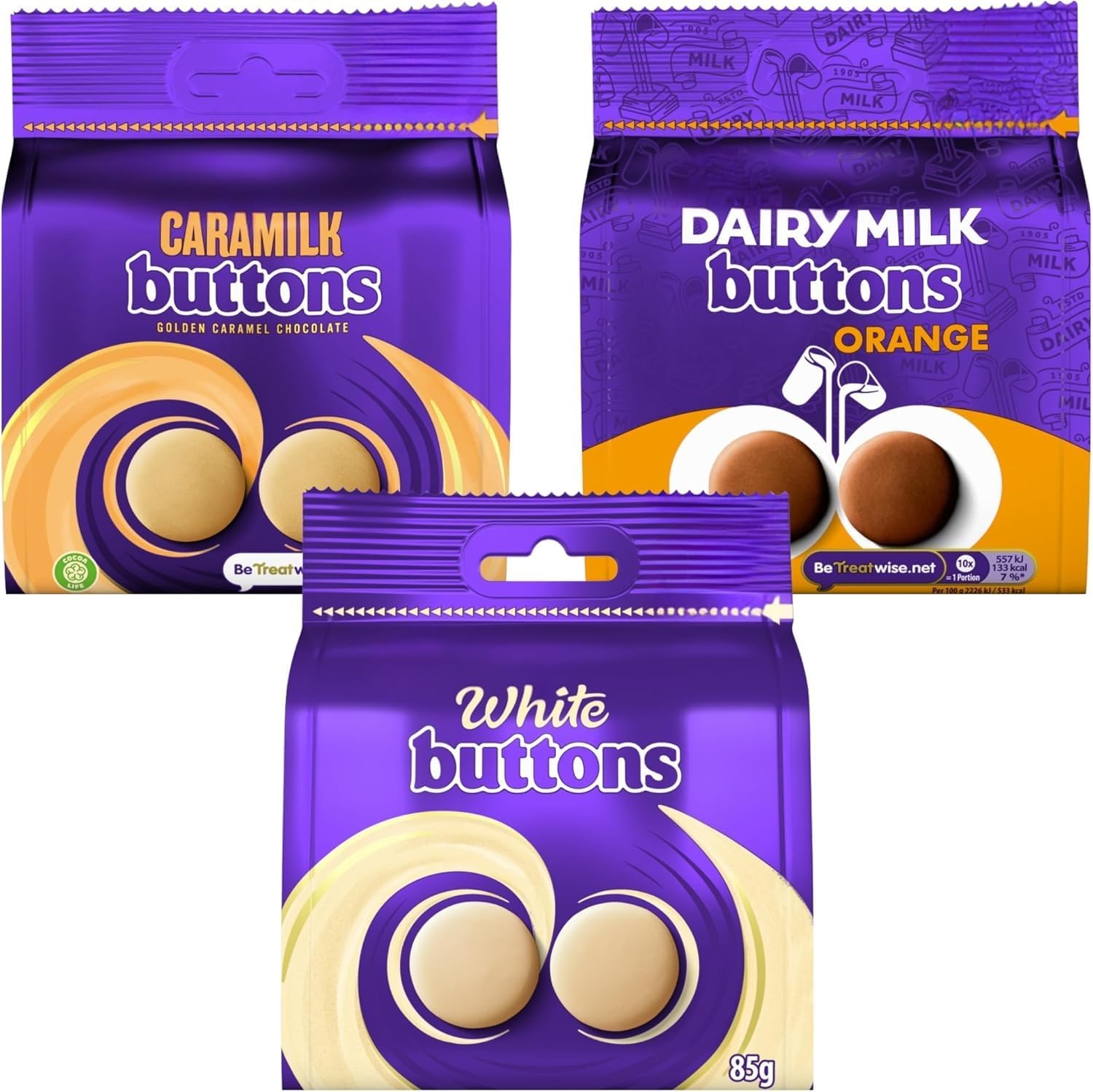 Chocolate Bundle With Dairy Milk Caramilk Buttons, Orange and White 85g Each (3 Pack)