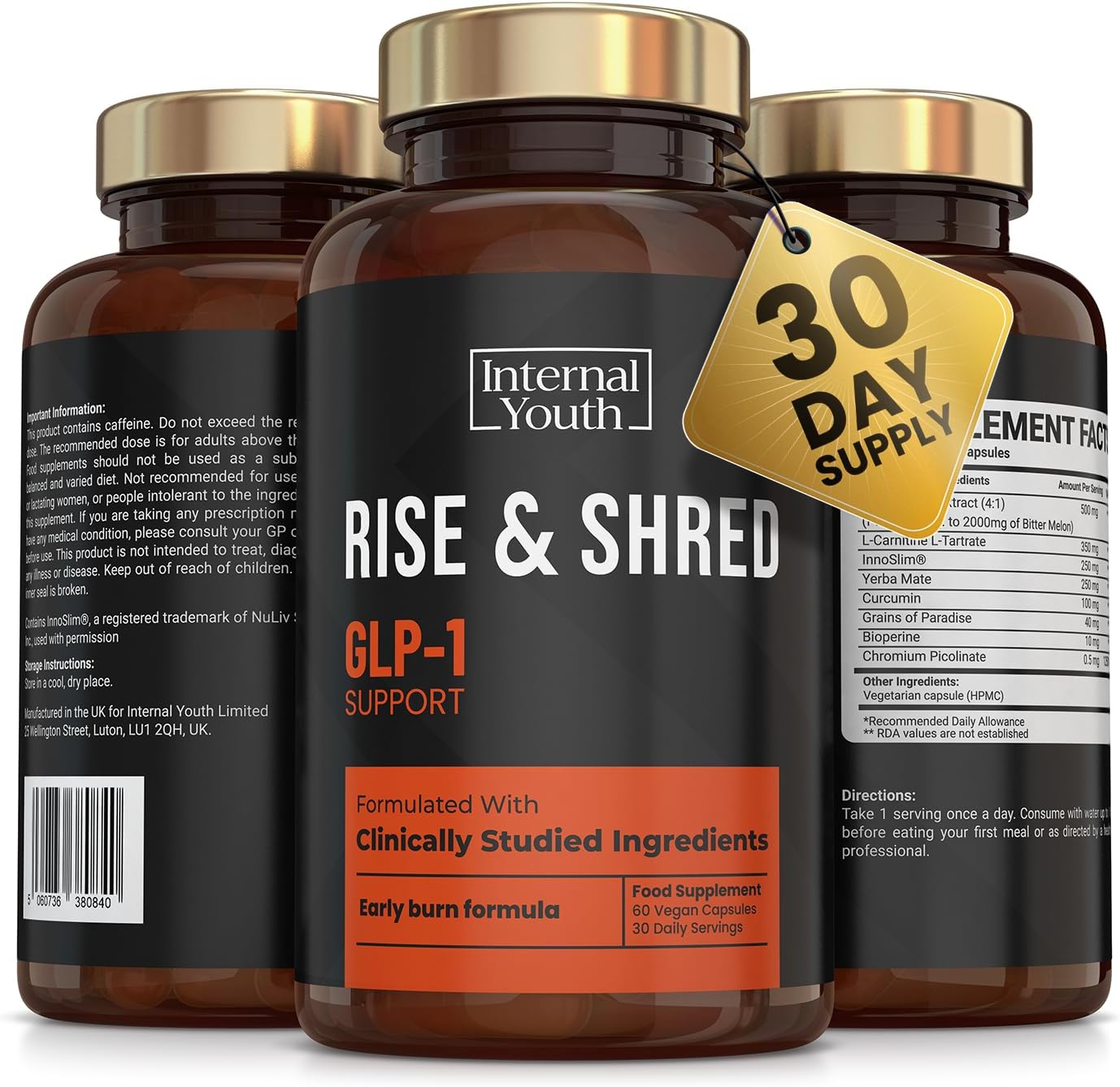 Rise & Shred - Morning Time GLP-1 Fat Burners for Men & Women Weight Loss - Appetite Suppressants Containing Clinically Studied Ingredients – Weight Loss Pills That Work Fast - 60 x Diet Pills