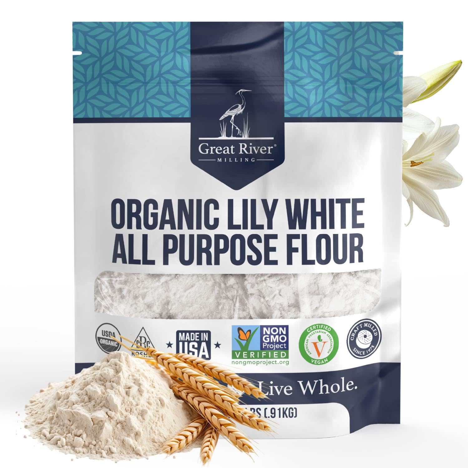 Great River Milling Organic Lily White All Purpose Flour, 2 lb | Organic Lily White All-Purpose Flour for cookies, cakes, muffins, biscuits, breads, pizza dough and pie crust; balanced
