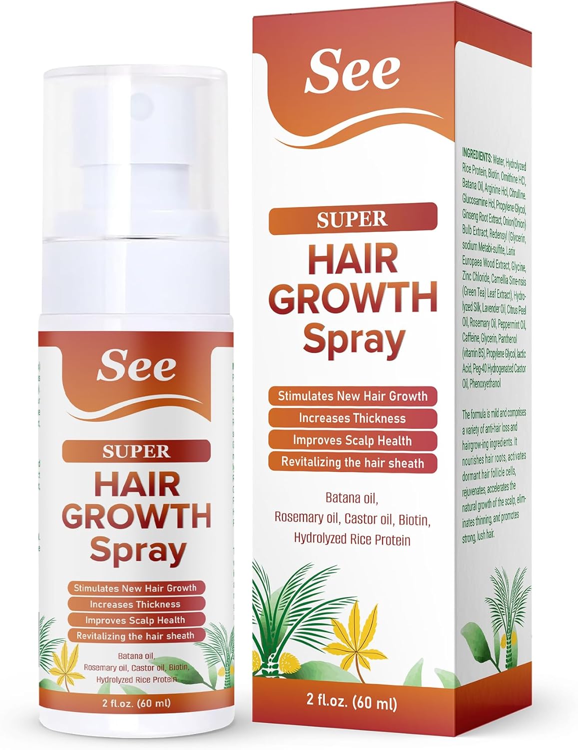 Hair Growth Spray with Biotin, Hydrolyzed Rice Protein, Batana, Rosemary, And Castor Oil,Effective and Moisturizing Hair, Thickening Serum for Men and Women 2 fl. oz (60ml)