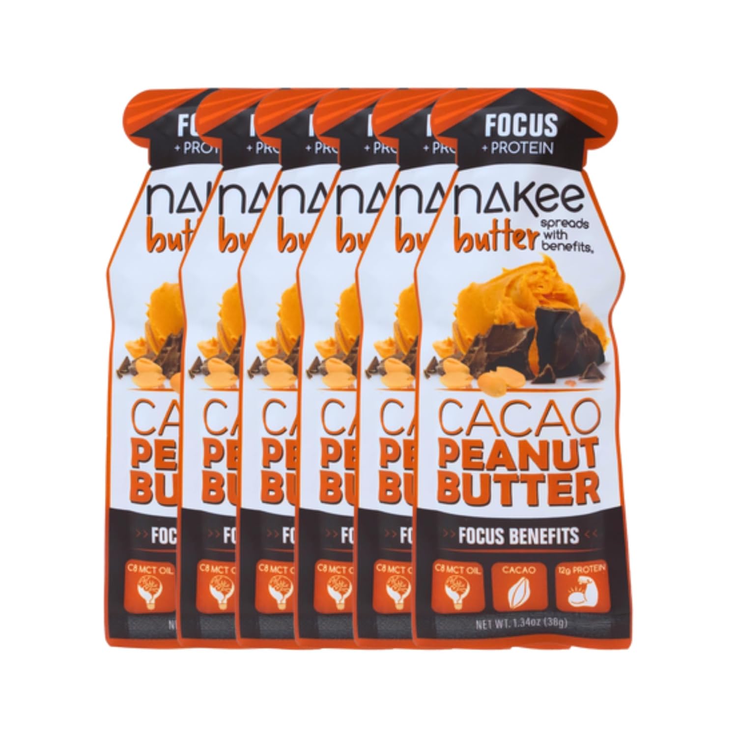 Nakee Butter Focus Nut Butter: High-Protein, Low-Carb Keto Peanut Butter with Cacao & MCT Oil, 12g Protein - On-The-Go, 6 Packs.