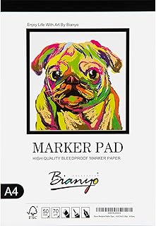 Bianyo Bleedproof Marker Paper Pad, A4(8.27"X11.69"), 50 Sheets, 18 LB / 70 GSM, Glue-Bound, 100% Cotton, White, Ideal for Use with Markers and Ink Mediums
