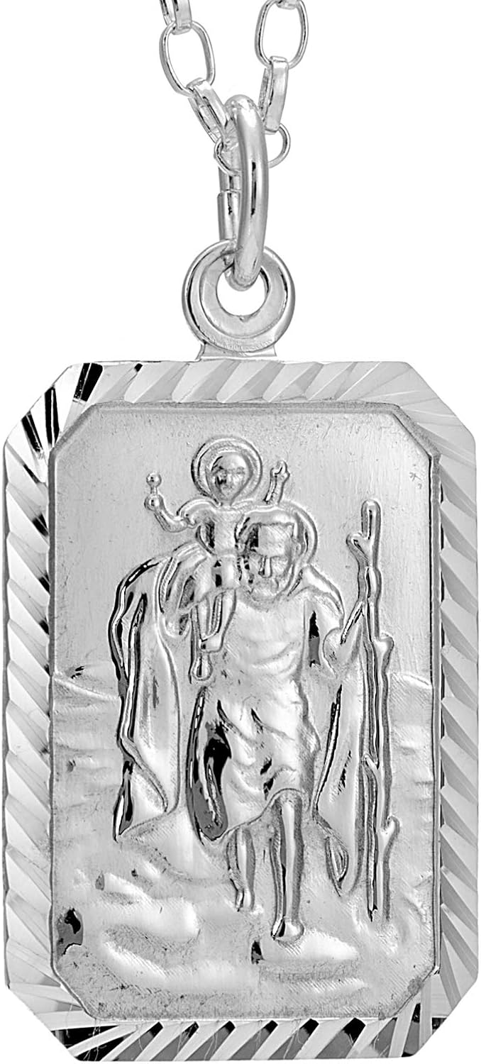 Alexander Castle 925 Sterling Silver St Christopher Pendant Necklace - Rectangular 22mm x 15mm with 18" Silver Chain & Jewellery Gift Box