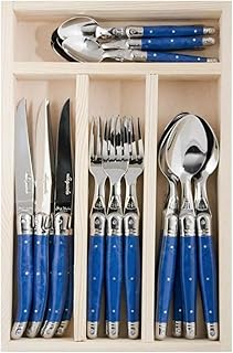 Jean Dubost Laguiole 24-Piece Everyday Flatware Set, Blue Handles - Rust-Resistant Stainless Steel - Includes Wooden Tray - Made in France