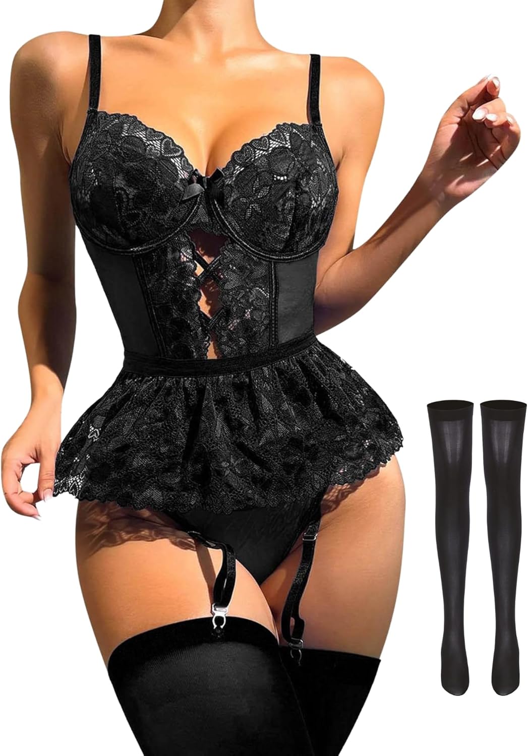 ROSVAJFY Women's Garter Teddy Lingerie Set with Stockings, Sexy Lace Bodysuit Suspender Underwear Backless Sheer Mesh Corset Nightwear Strappy Babydoll Deep V Leotard