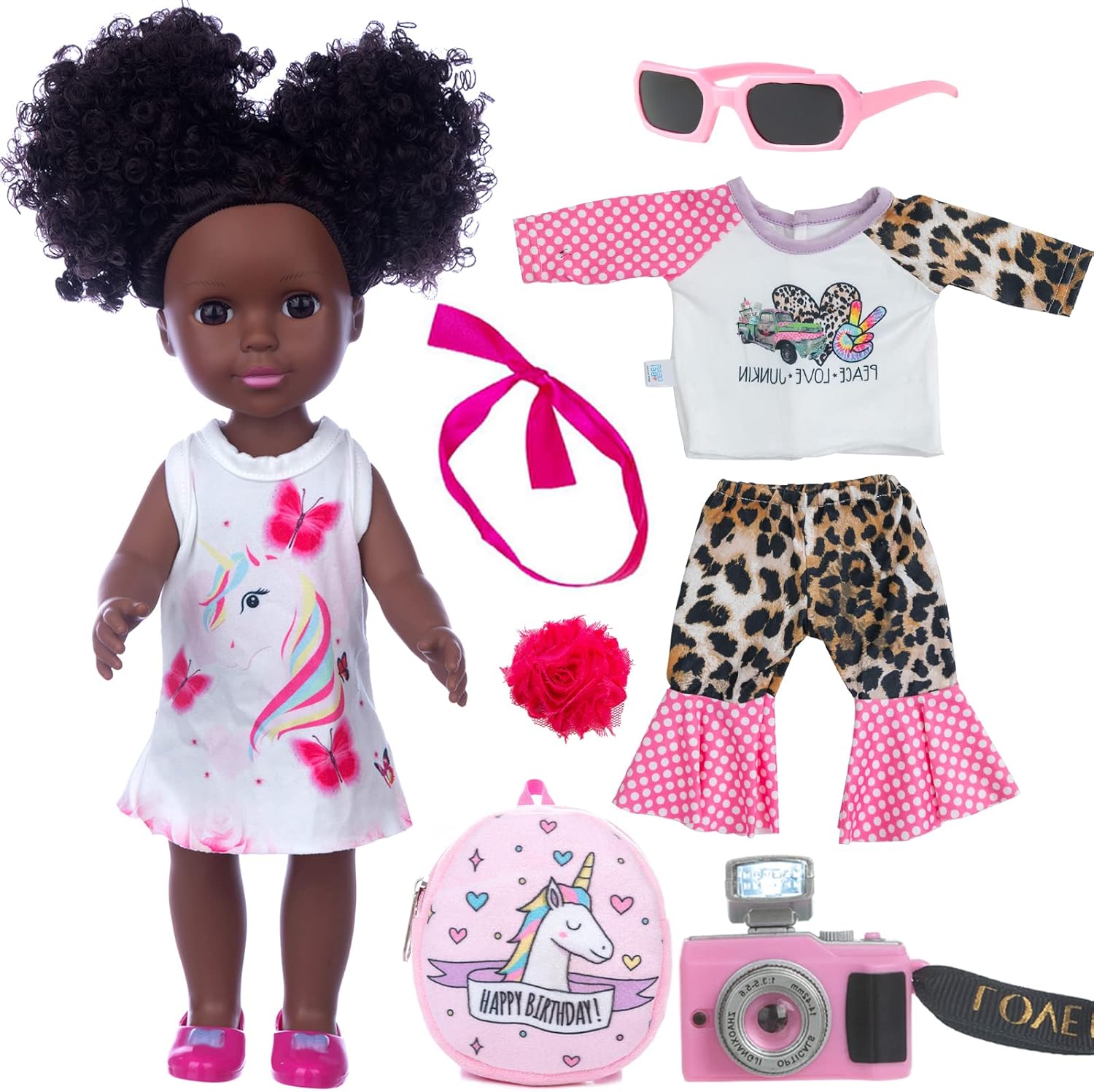 ZQDOLL Black Dolls and Baby Girl Doll Clothes Set Doll Accessories 14.5 inch African American Silicone Girl Doll with Camera Backpack Game Set