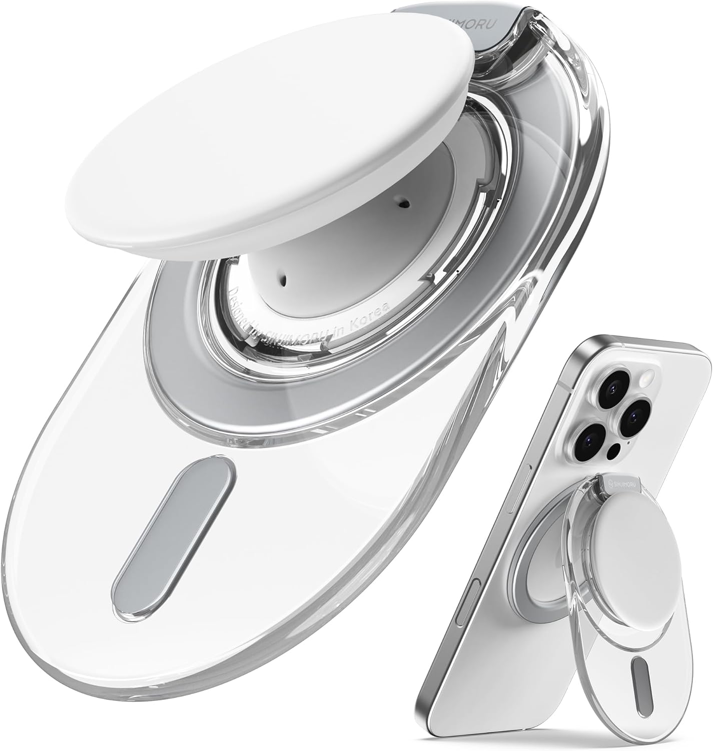 Sinjimoru for MagSafe Phone Grip, 2024 New Adjustable Stand with 3000G Soft Silicone Magnetic Grip Fits for iPhone Series, M-Tap Tok Stand Clear White