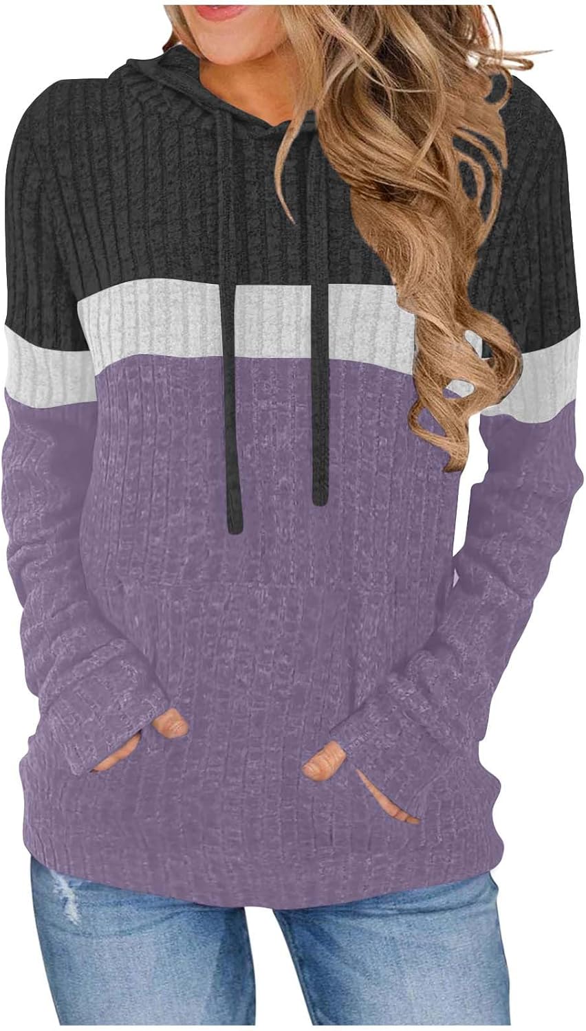 Tunic Sweaters for Women 2024 Winter Color Block Long Sleeve Hoodies Casual Drawstring Pullover Tops with Pockets