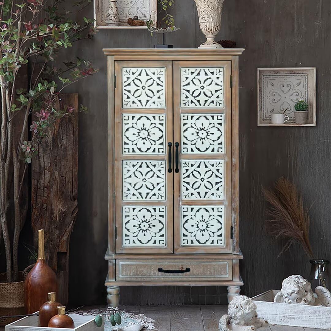 55.12'' Tall Carved Floral Tower Storage Cabinet/Rustic Wood Sideboard,with Storage for Home Decor and Organization,with 2 Doors and a Drawer,Antique Cabinets