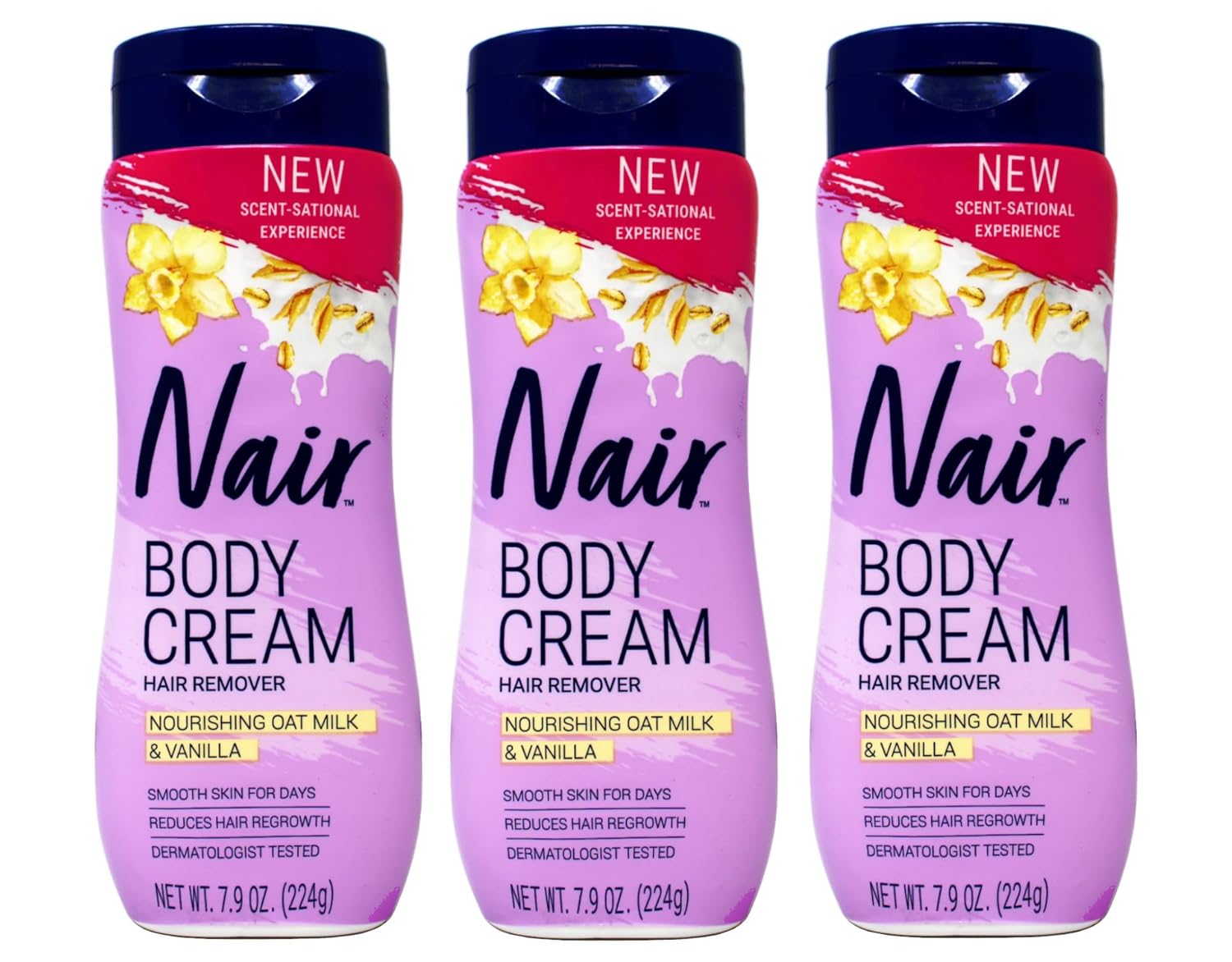 Nair Body Cream Hair Remover, Nourishing Oat Milk & Vanilla, Dermatologist Tested, 7.9 oz (Pack of 3)