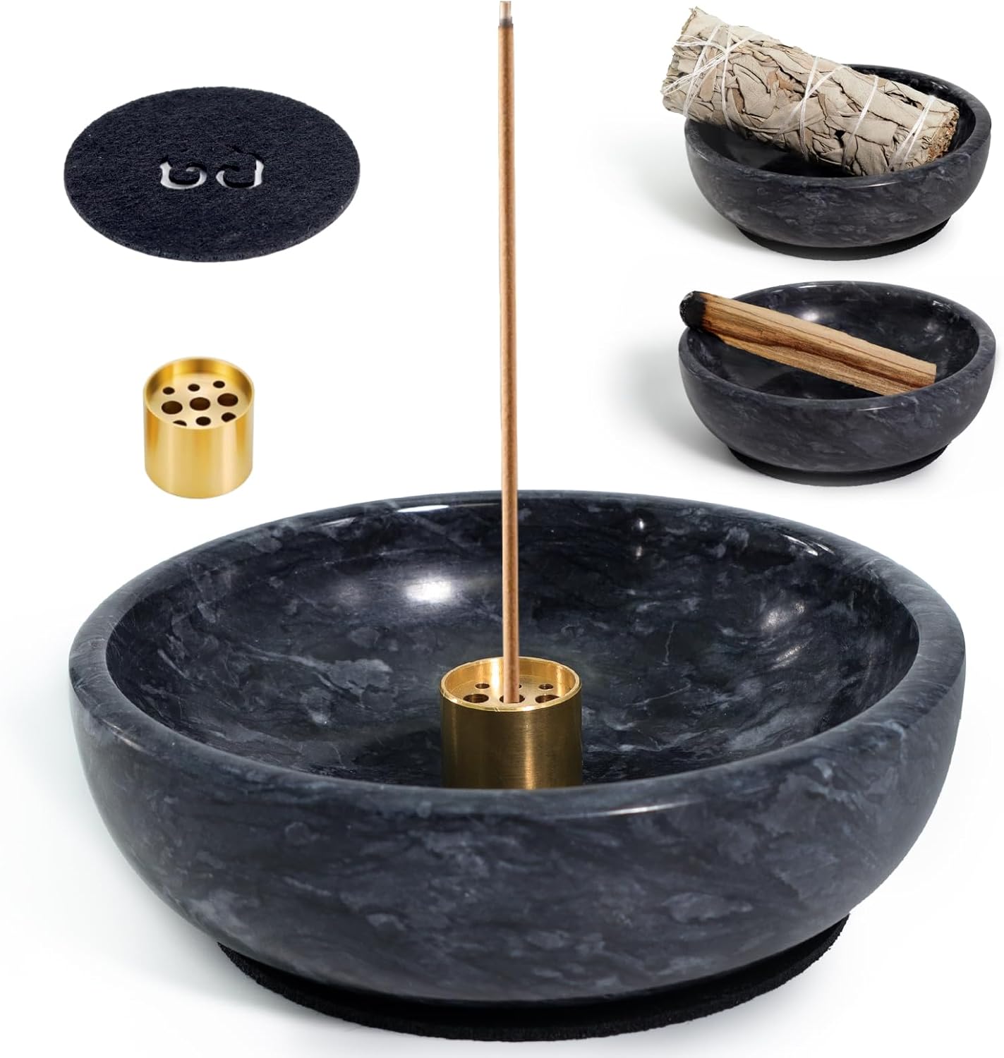 Natural Marble Incense Holder for Sticks and Backflow Incense, Handmade Stick Ideal for Smudging, Incense Burning, Decoration - Black