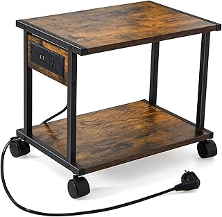 Printer Table with Charging Station for Home Office Organization, 2 Tier Small Printer Stand with Wheels for Printer, Scanner, Under or Beside Desk Printer Storage Cart Rustic Brown