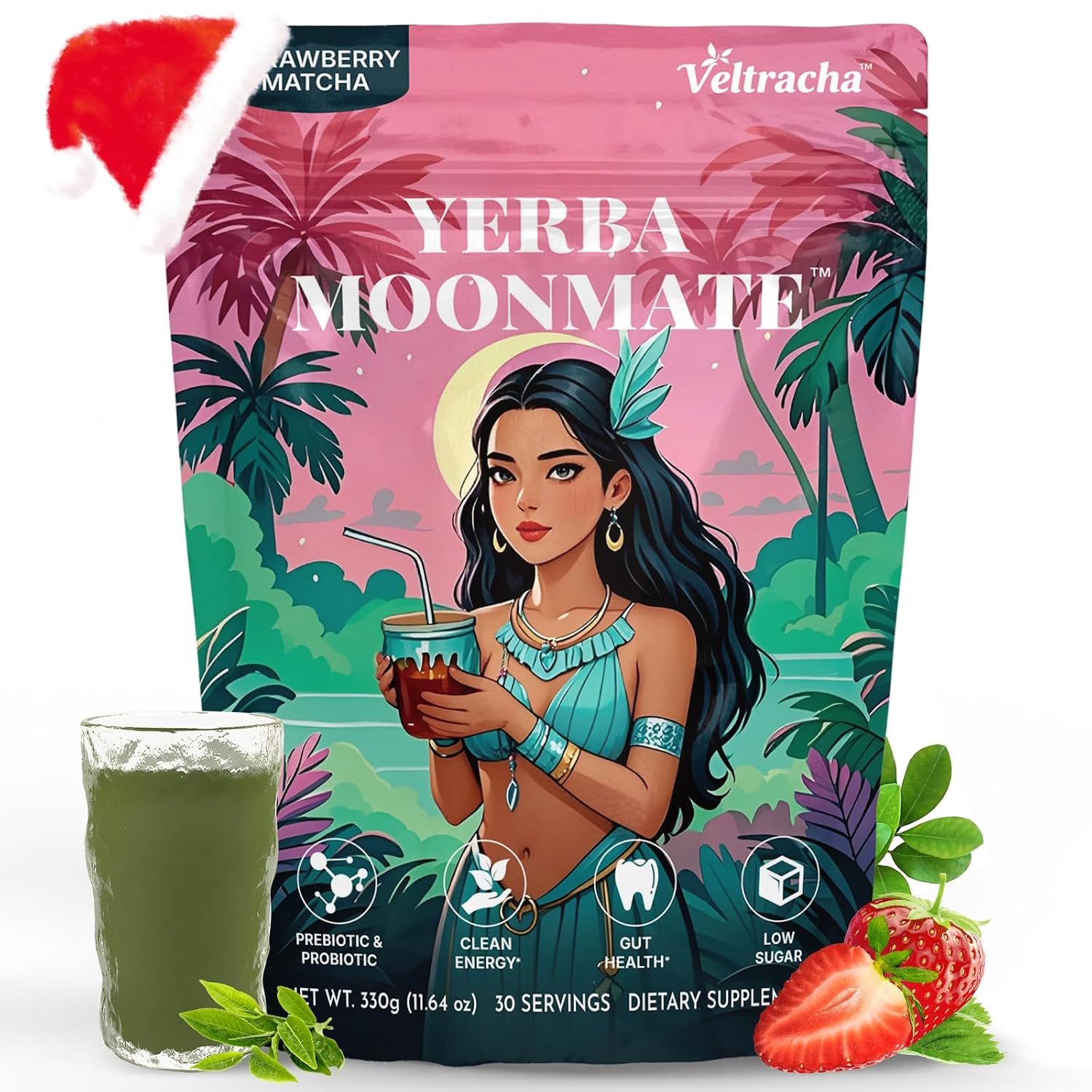 Yerba Mate Instant Tea Powder, 4-in-1 Functional Yerba Extract with Prebiotics & Probiotics, Low Sugar Clean Energy Drink for Focus, Gut Health & Reduce Brain Fog, Strawberry Matcha - 30 Servings