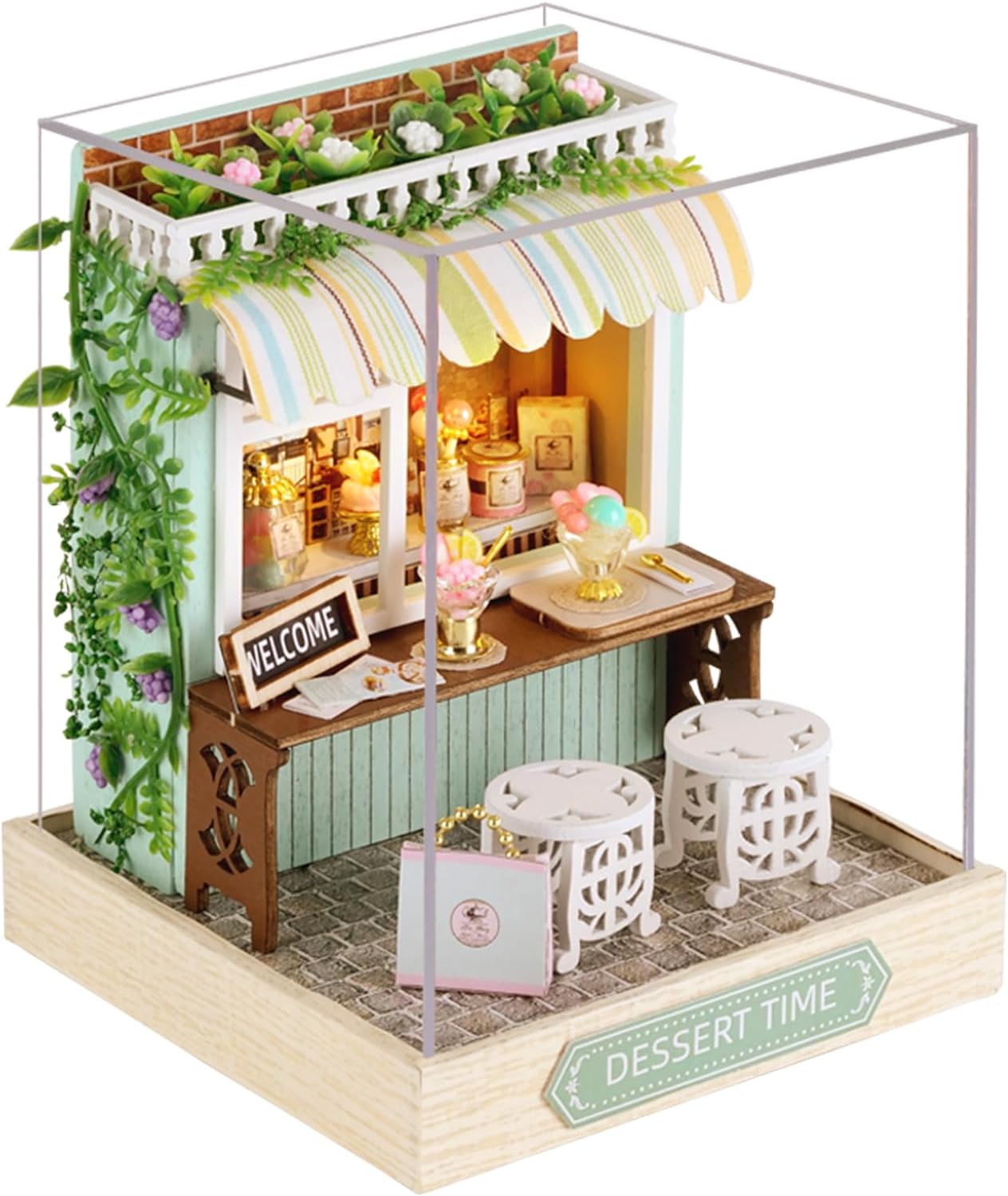 DIY Miniature House Kit - Wooden Dolls House with Dust Cover, Tiny Doll House Furniture Craft Kits Mini House Building Kit for Children Teens Adults Friends Birthday Home Decor(Dessert Time)