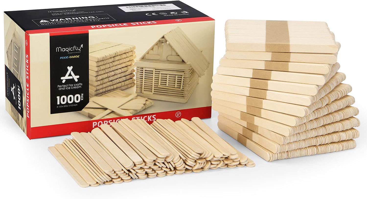 Magicfly 1000pcs Popsicle Sticks, Natural Wooden Food Grade Craft Sticks, 4-1/2 Inch Great Bulk Ice Cream Sticks for Craft Project, Home Decoration