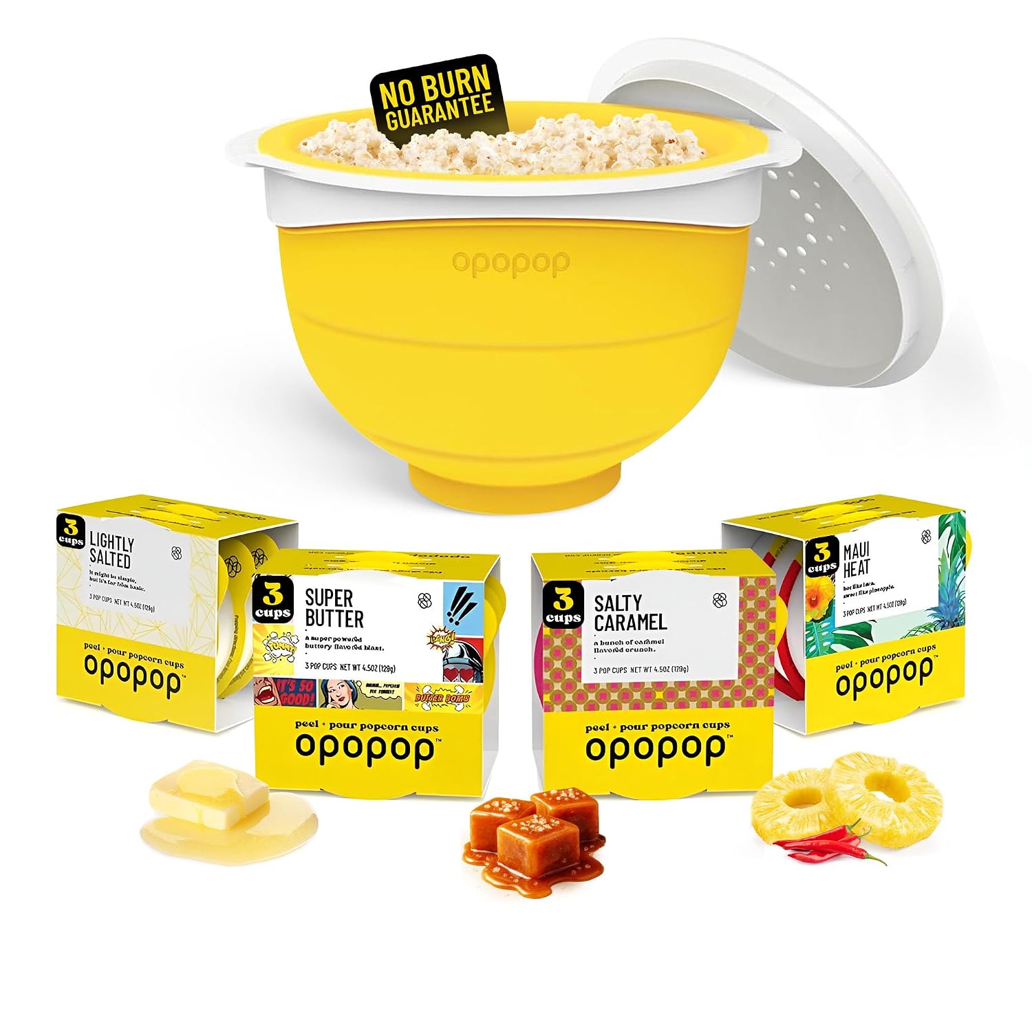 Opopop Gourmet Popcorn Pop Cups Variety 12-Pack Kit + Silicone Popper