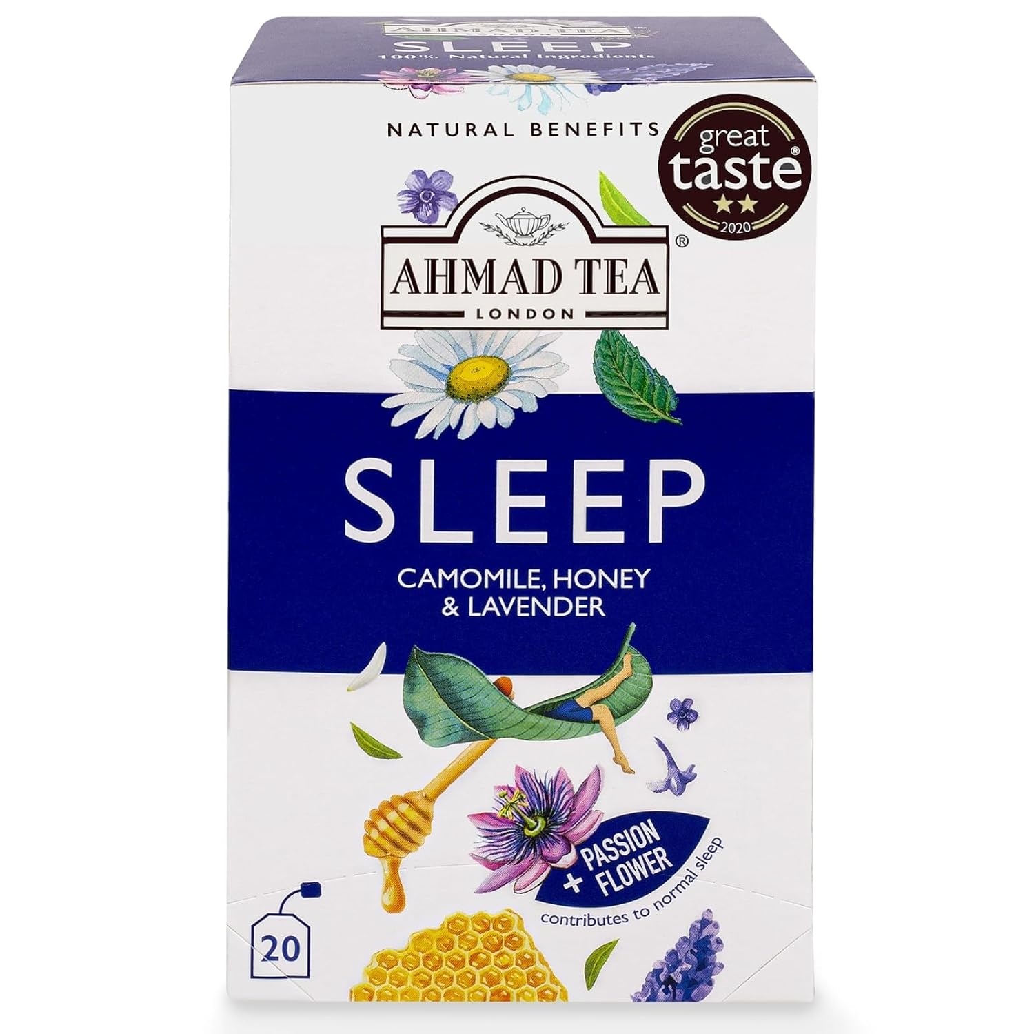 Ahmad Tea Herbal Tea, Camomile, Honey, & Lavender 'Sleep' Natural Benefits Teabags, 20 ct (Pack of 1) - Decaffeinated & Sugar-Free