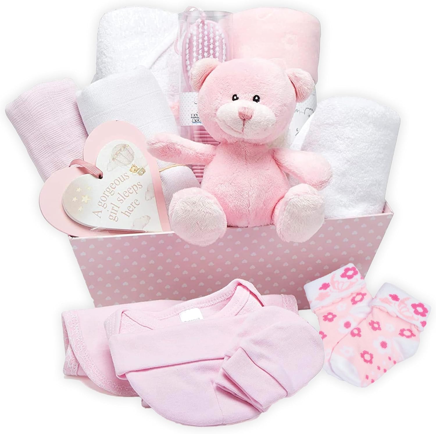 Baby Girl Gifts Newborn | 17-Piece Baby Hamper with Clothes & Keepsakes | Newborn Baby Girl Gift Set | Baby Shower Present – Pink