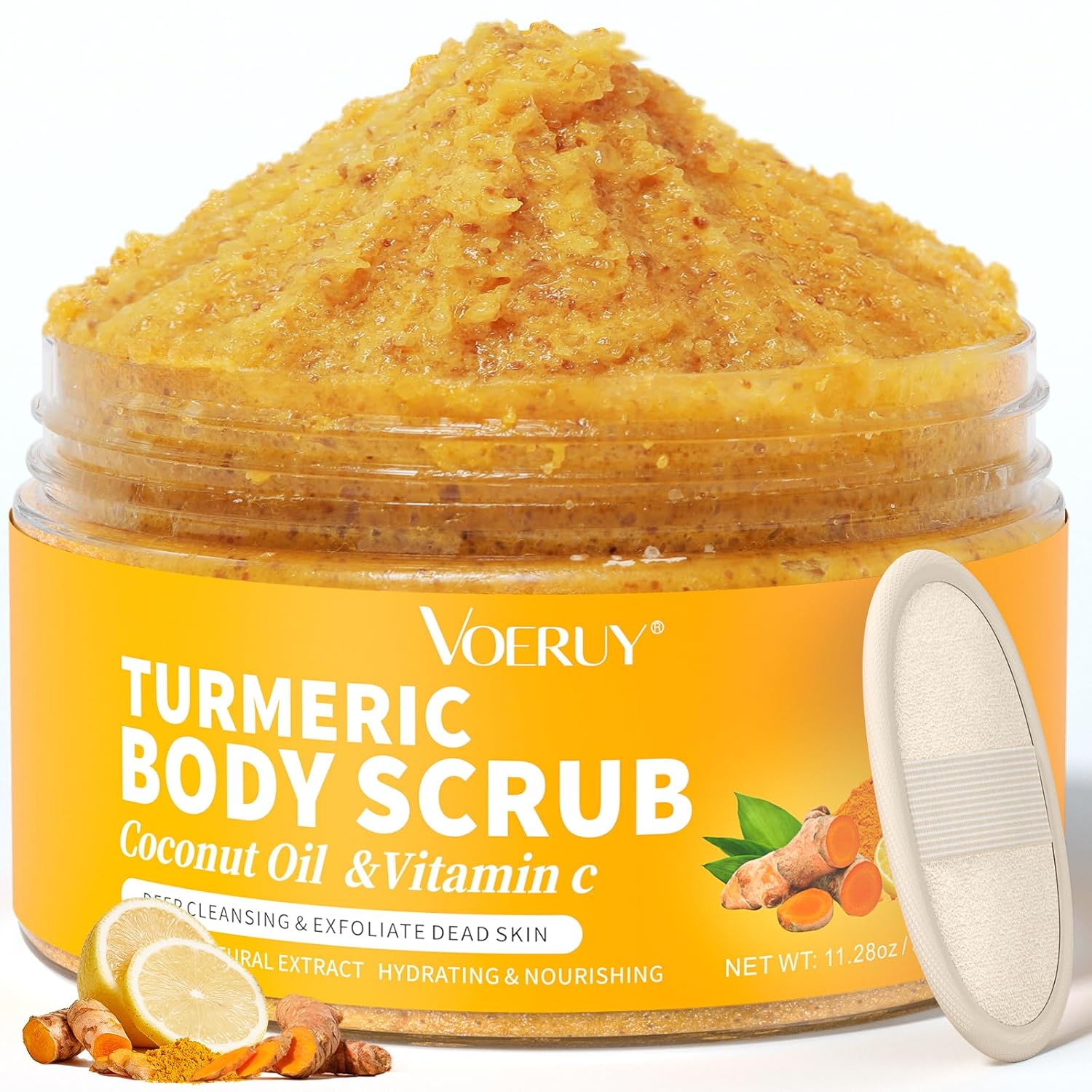 Body Scrub,Turmeric Exfoliating Body Scrub, with Coconut Oil & Vitamin C, Bikini Area Exfoliator Gently Exfoliate Body Hand and Foot Scrub, Moisturized Skin for Women and Men, 11.28oz/320g