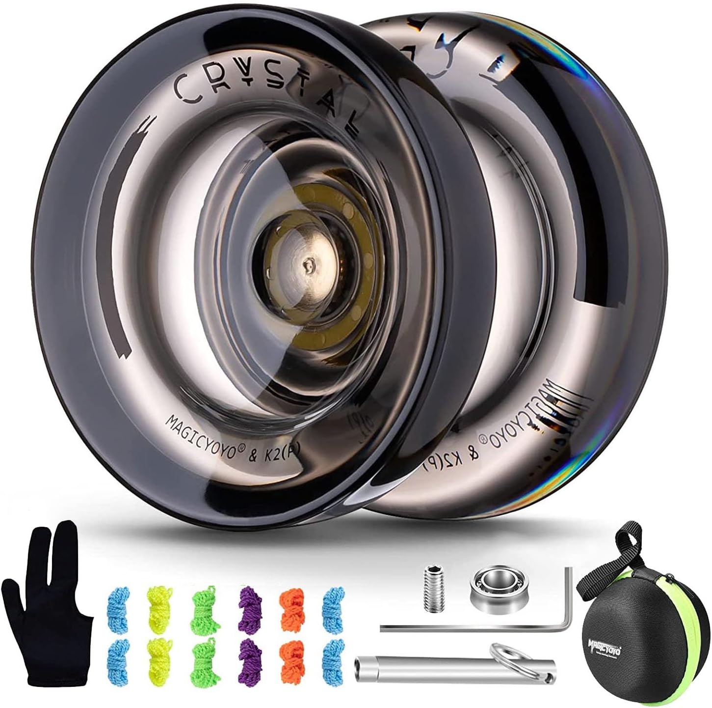 MAGICYOYO K2 Crystal Black Yoyo Professional, Responsive Yoyo for Kids Beginners with Extra Unresponsive Yo Yo Bearing, Pro Plastic Trick Yo Yo for Adults+12 Stings+Bearing Removal Tool+Storage Bag