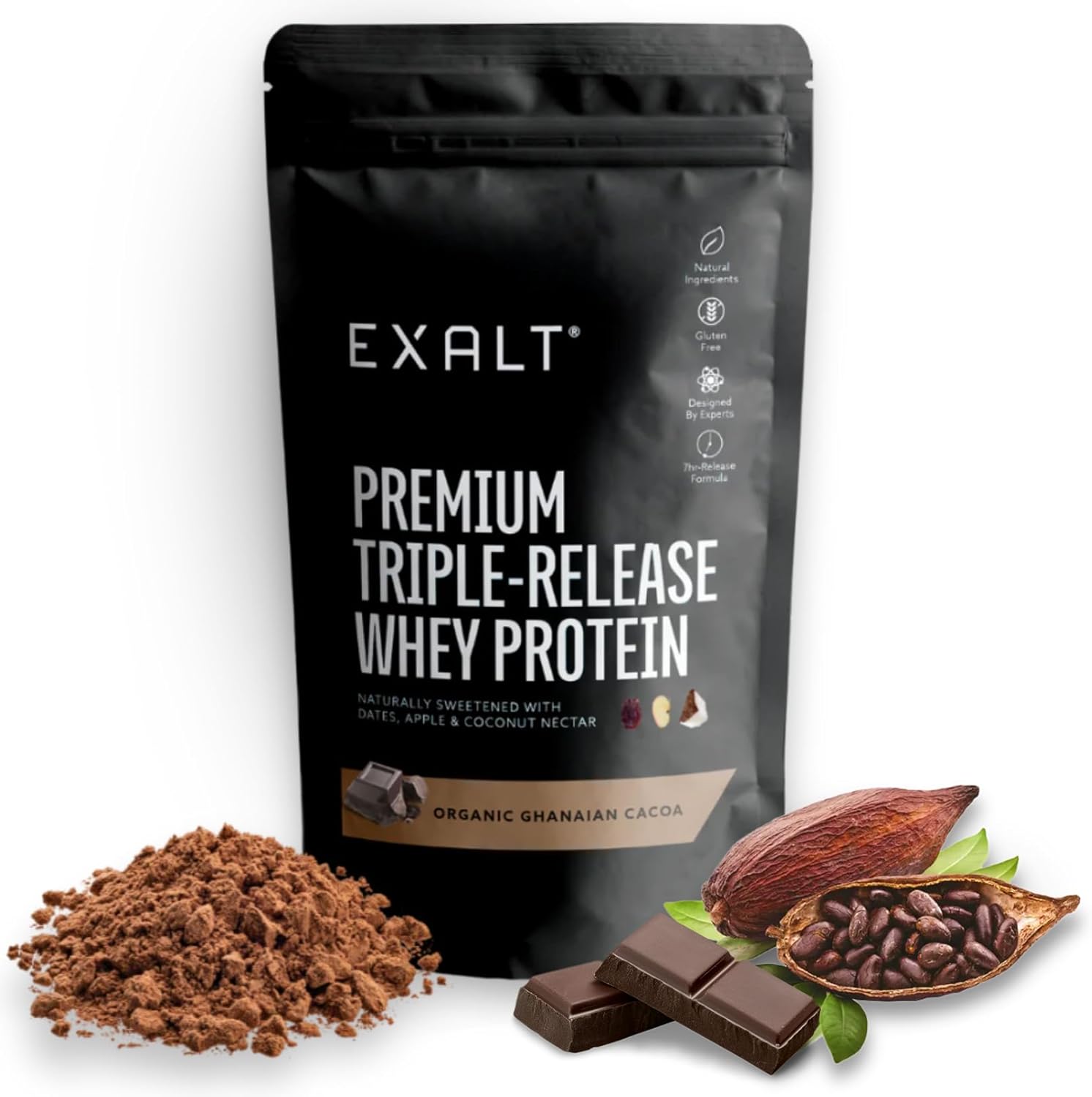 EXALT | 7hr Triple Release Protein Blend: Grass Fed Whey Protein Powder, Free-Range Egg White & Micellar Casein | Cacao | 500G