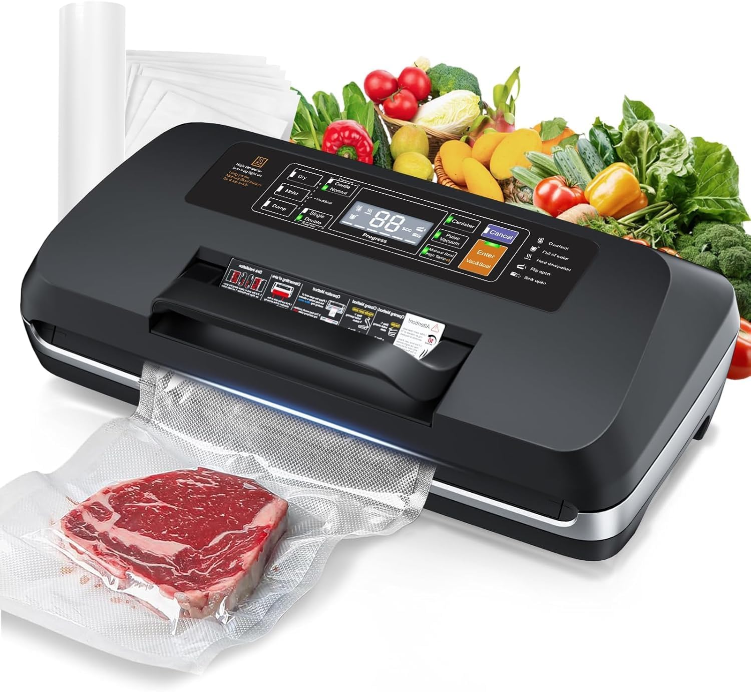 95kpa Vacuum Sealer Machine,Commercial Fully Automatic Food Sealer,10-in-1 Functions & Powerful Sealing System with Double Heat Seal,Easy-Lock Handle,Built-in Cutter,1 Bag Rolls and 10 Pre-cut Bags