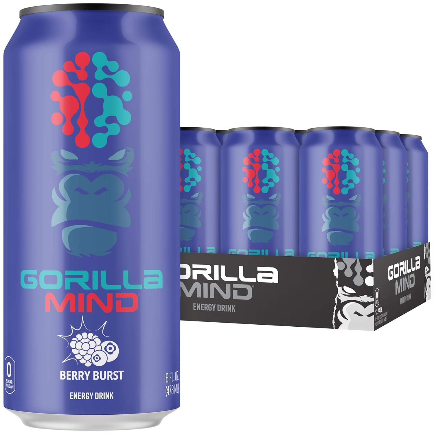 Gorilla Mind Energy Drink | Unmatched Energy · Amplified Focus | N-Acetyl-L-Tyrosine, Alpha-GPC, 200mg Caffeine, Uridine, Saffron | 0 Sugar Or Artificial Colors | 16oz, 12-Pack (Berry Burst)