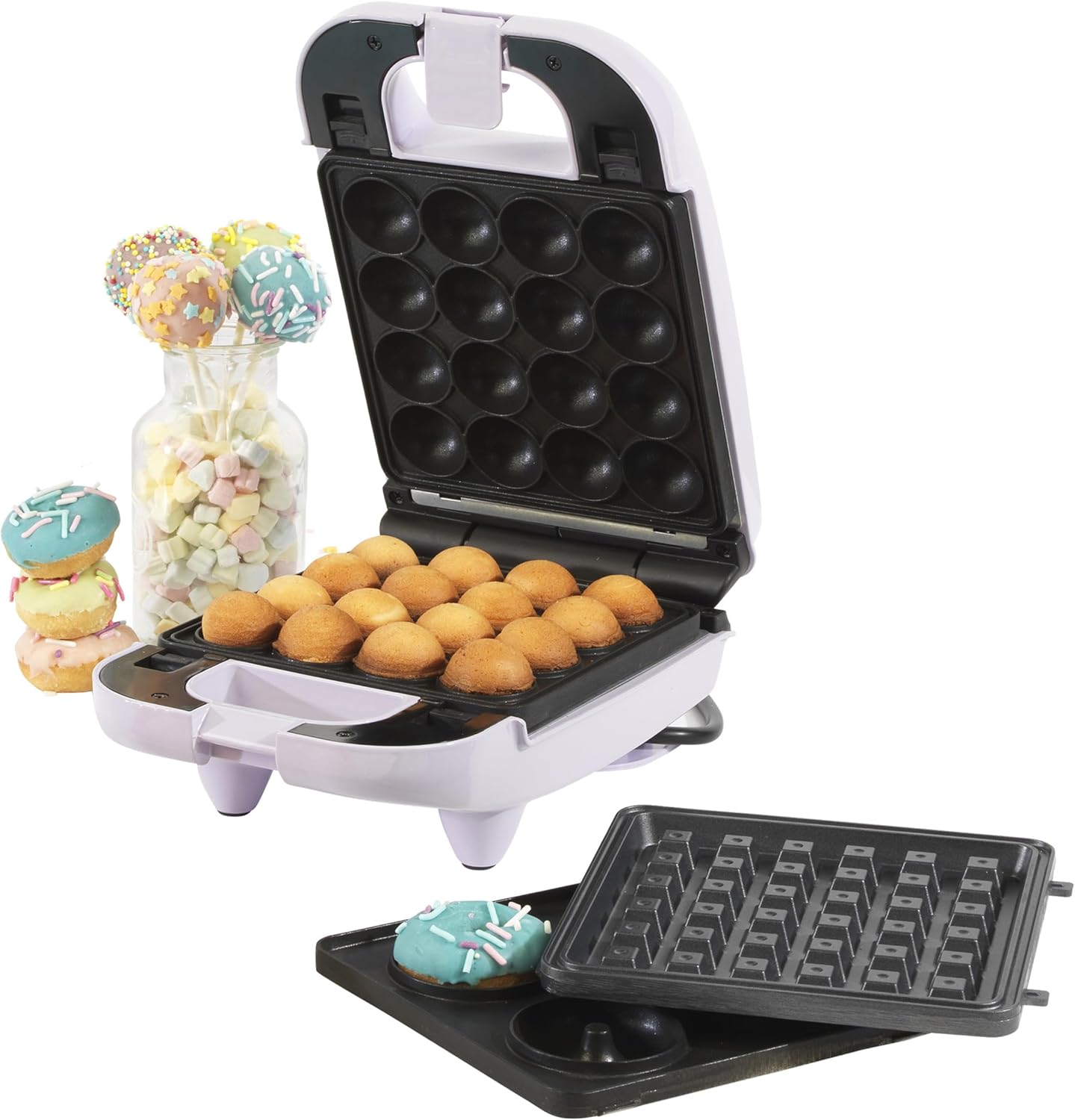 Giles & Posner Mini Treat Maker - 3 In 1, Makes 16 Cake Pops, 1 Waffle & 4 Doughnuts, Removable Non-Stick Plates, Easy Clean, 650W, Compact Design, Quick 3 Minute Preheat, Non-Slip Feet, Purple