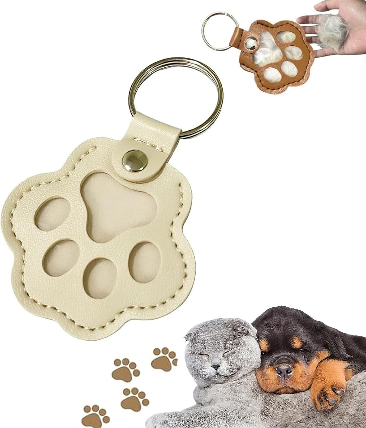 Natwo Dog Hair Collector Keychain, Leather Pet Memorial Keychains, Leather Pet Memorial Keychains, Pets Fur Keepsake Keyring for Collecting Hair With Snap Button,Pet Memorial Gifts, White