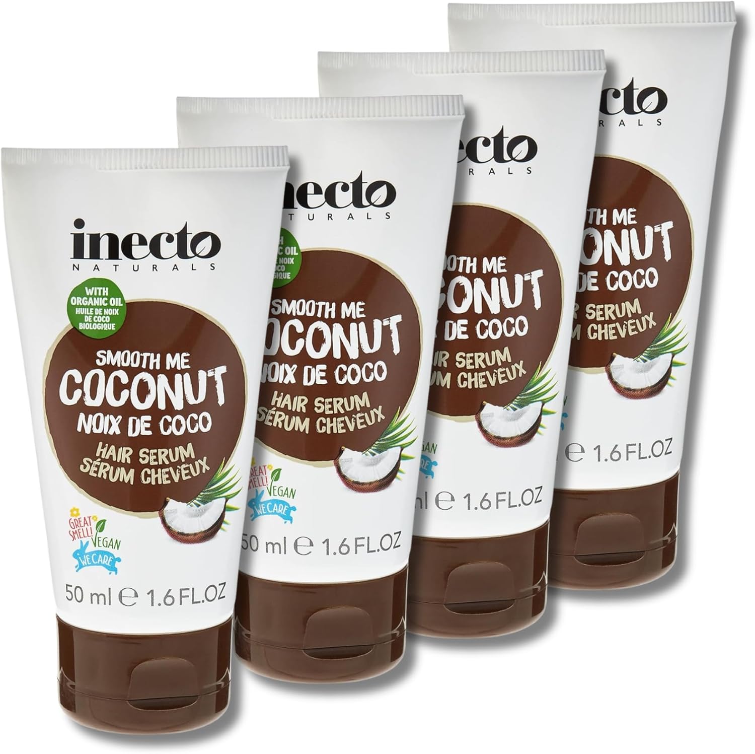 Inecto Naturals Coconut Hair Serum - Pack of 4 x 50ml, Nourishing Hair Treatment with Pure Coconut Oil for Smooth, Shiny, and Healthy-Looking Hair