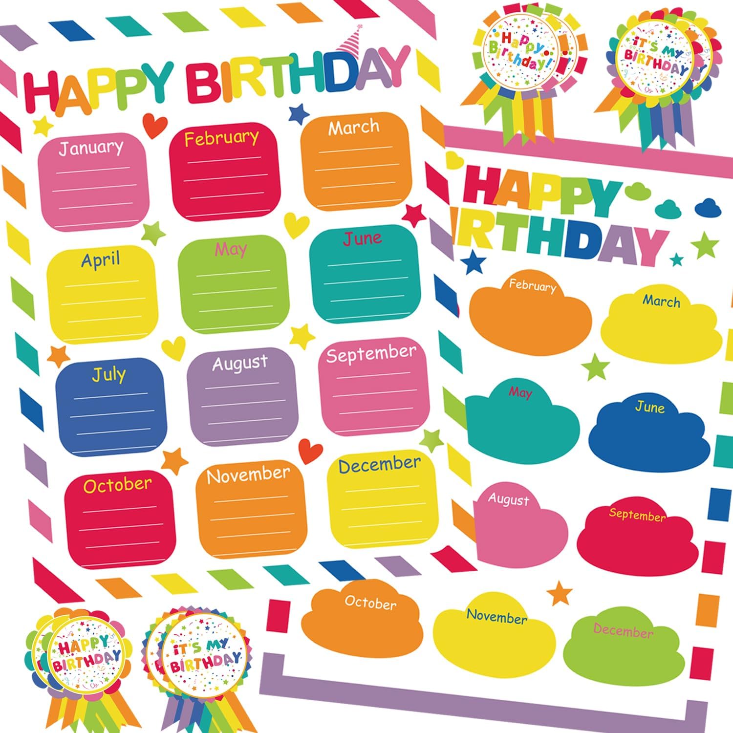 Happy Birthday Chart Poster for Classroom,62Pcs Classroom Birthday Chart Birthday Stickers Bulletin Board Poster for Classroom Decorations Back to School Teacher Supplies