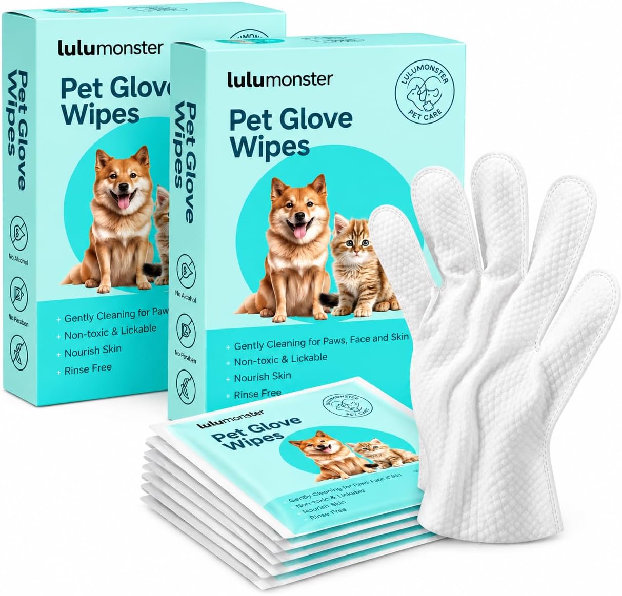 Pet Glove Wipes for Dogs & Cats, 12 Individually Wrapped Rinse-Free Grooming Gloves for Paws, Face & Body, Travel & Daily Pet Care