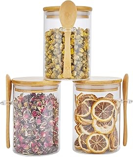 3 Pack Glass Containers Jars with Bamboo Airtight Lid and Spoon, 15Oz Glass Food Storage Canisters, Kitchen Organization Jar Set for Coffee Beans, Tea, Flour, Salt, Nuts, Candy, Cookie and More