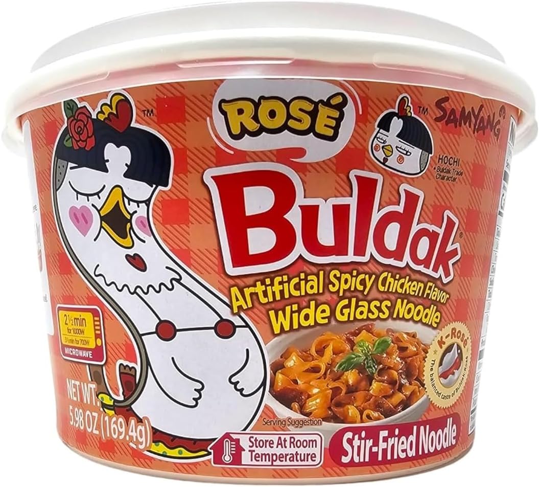 Samyang Buldak K Rose, Wide Flat Glass Noodles, Big Bowl Cup, Korean Fire Challenge Microwaveable 삼양 로제 불닭 납작당면 (5.98oz)