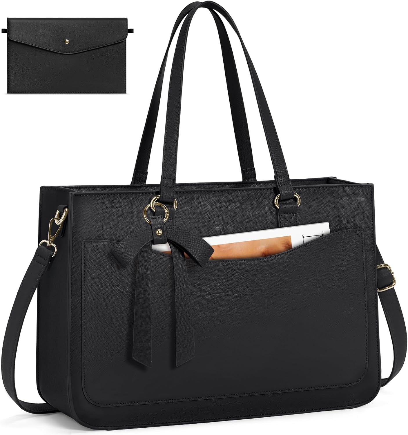 RAINSMORE Laptop Bag for Women 15.6 Inch Work Tote Bags Leather Laptop Tote Waterproof Computer Bag Professional Office Business Briefcase Large Handbag for College Teacher Travel, Black