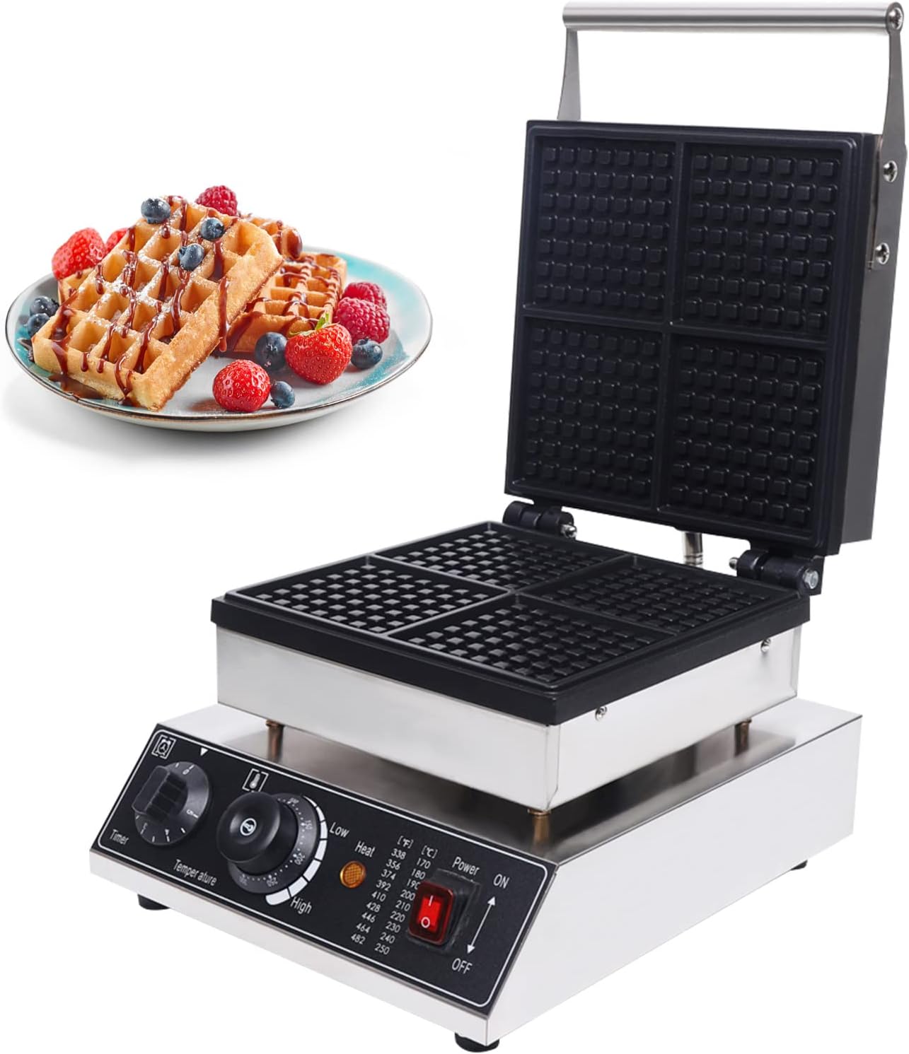 Commercial Waffle Maker, 4 Pieces Nonstick Electric Waffle Iron Machine Stainless Steel 110V Temperature and Time Control Belgian Waffle Maker for Bakery, Restaurant, Snack Bar or Home