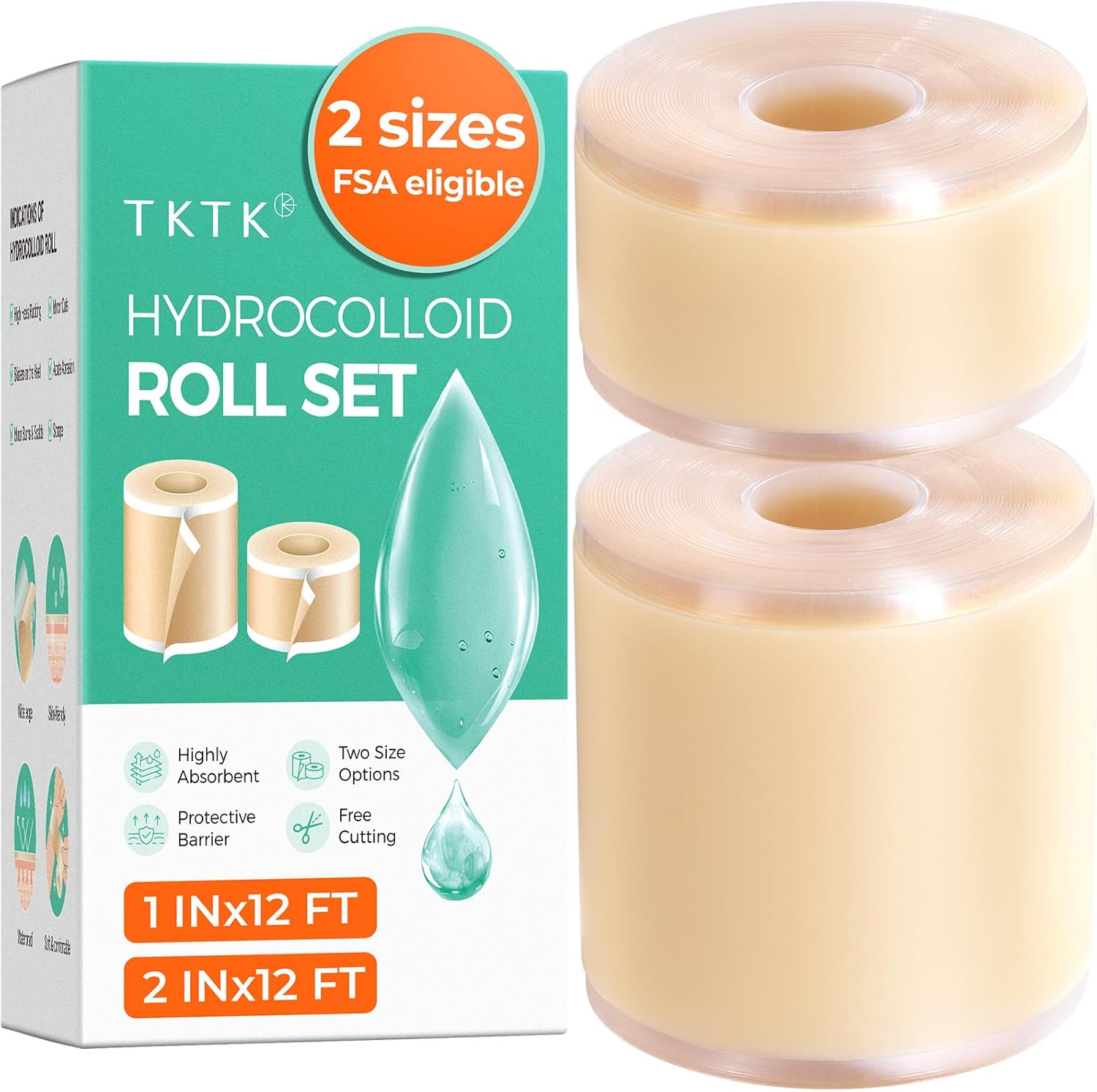 TKTK Hydrocolloid Roll 2 Sizes, Cut-to-Fit Bandages for Pimple & Wounds