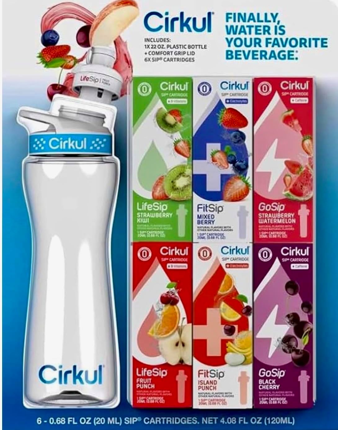 Water Bottle Starter Kit, 22 Oz Bottle With 6 Flavor Cartridges (Strawberry Kiwi, Mixed Berry, Strawberry Watermelon, Fruit Punch, Island Punch, Black Cherry)