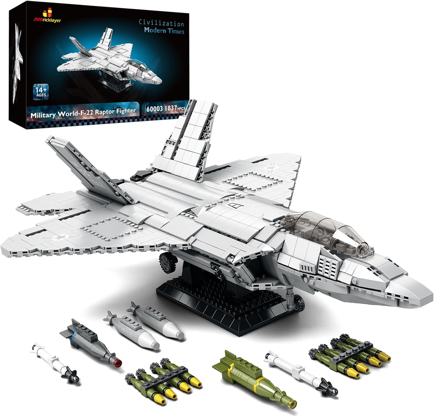 JMBricklayer F22 Raptor Fighter Jet Building Block Set, 60003 Military Fighter Aircraft Toy Army Construction Model, Military Hobby Collection Toys Gifts for Adults Kids 14+ (1837 Pieces)
