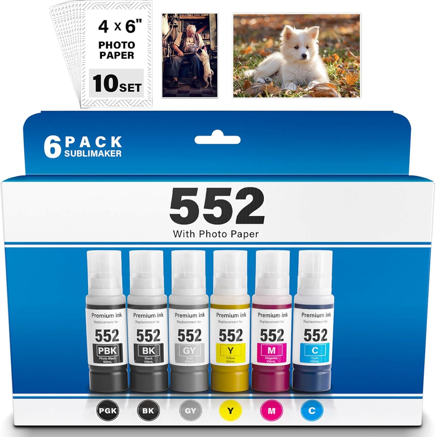 552 Ink Refill Bottles 6 Pack 600ML with Photo Paper (NotSublimation Ink) Compatible for Epson Ecotank Photo ET-8550 ET-8500 ET8550 ET8500 Printer, T552 552 Pigment Ink (BK PBK CMY GY)