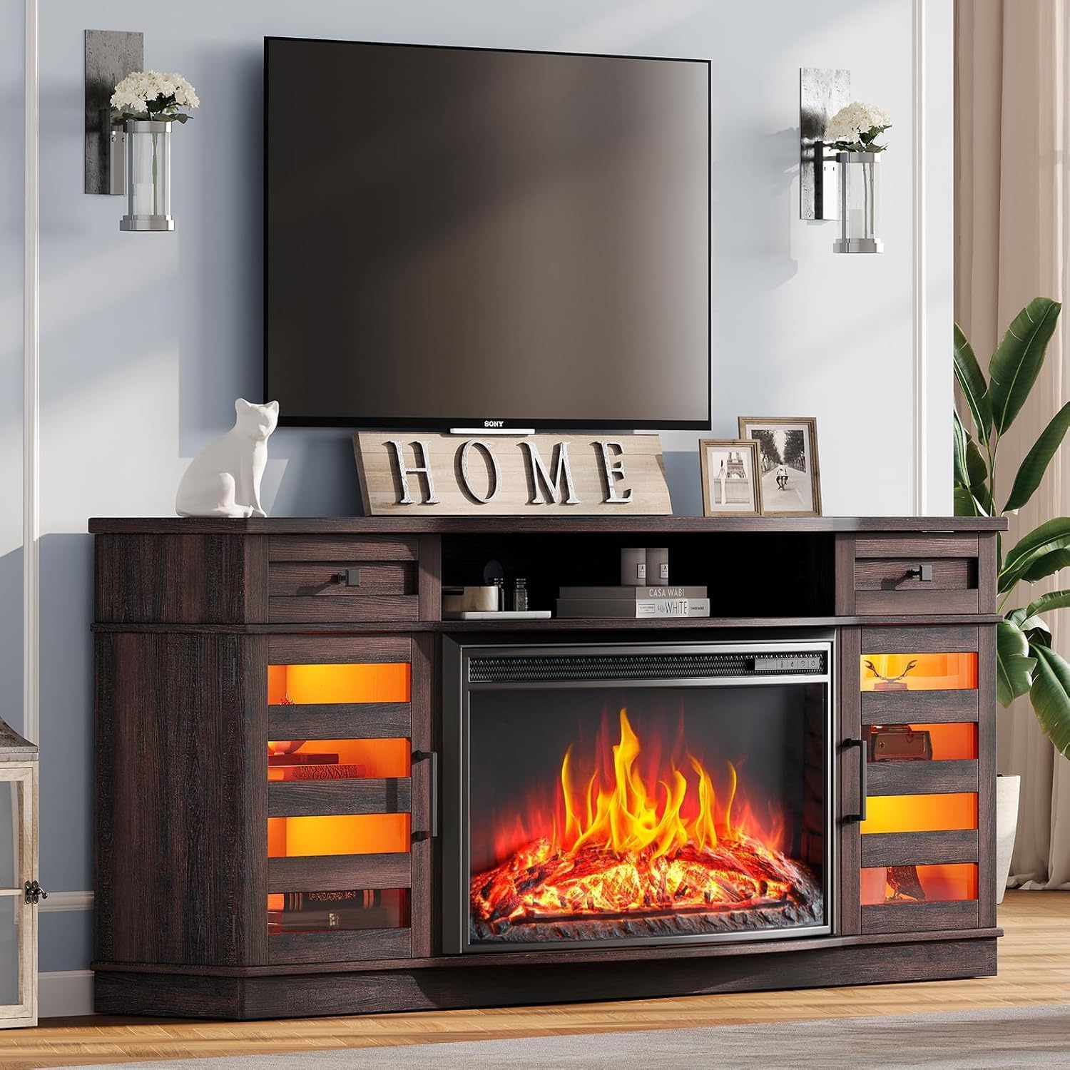AMERLIFE 70" Farmhouse Fireplace TV Stand with 36'' Curved Electric Fireplace, LED Media Console with 2 Drawers & Adjustable Shelves, Fits 80'' TVs, Espresso