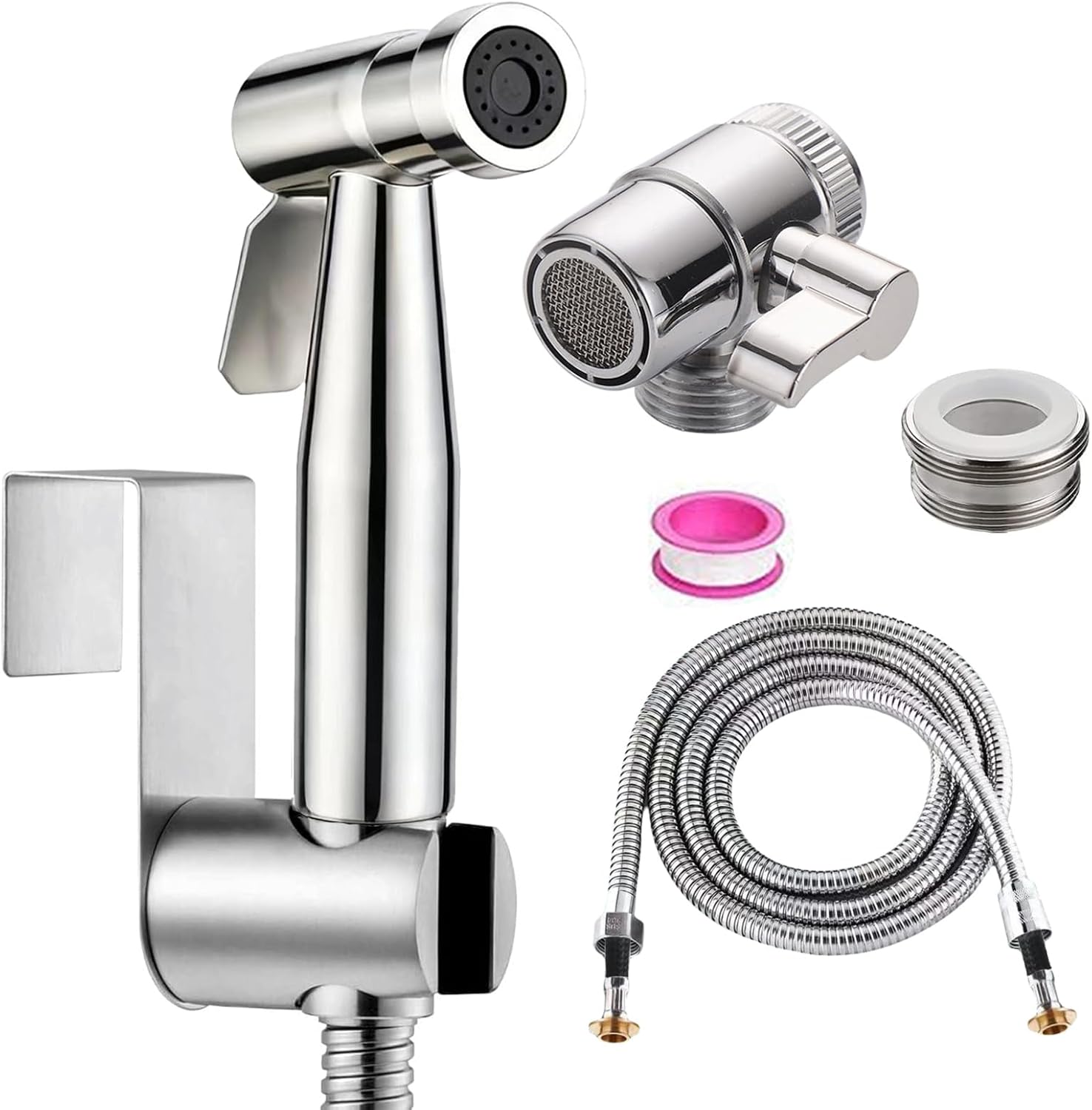 Bidet Stainless Steel Hand Shower Set, Bathroom Bidet Attachment with Faucet Dispenser, 59 inches Hose and Hand Shower Holder