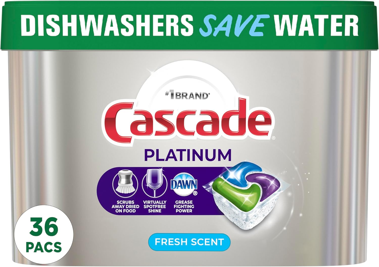 Cascade Platinum Dishwasher Pods, ActionPacs Dishwasher Detergent with Dishwasher Cleaner Action, Fresh Scent, 36 count(Packaging May Vary)