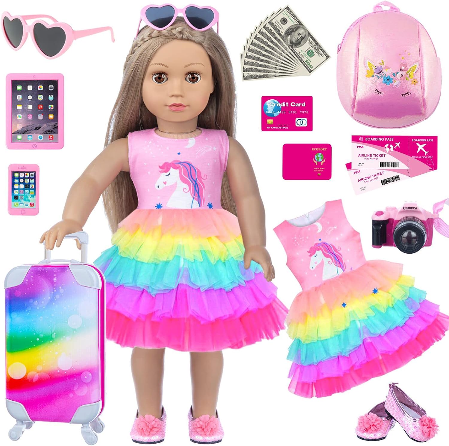 ZNTWEI 18 Inch American Doll Clothes and Accessories, 23 PCS Backpack Suitcase Travel Playset, Doll Clothes and Shoes, Camera Sunglasses Ipad Phone American Doll Stuff Gift for Girl Toys (NO Doll)